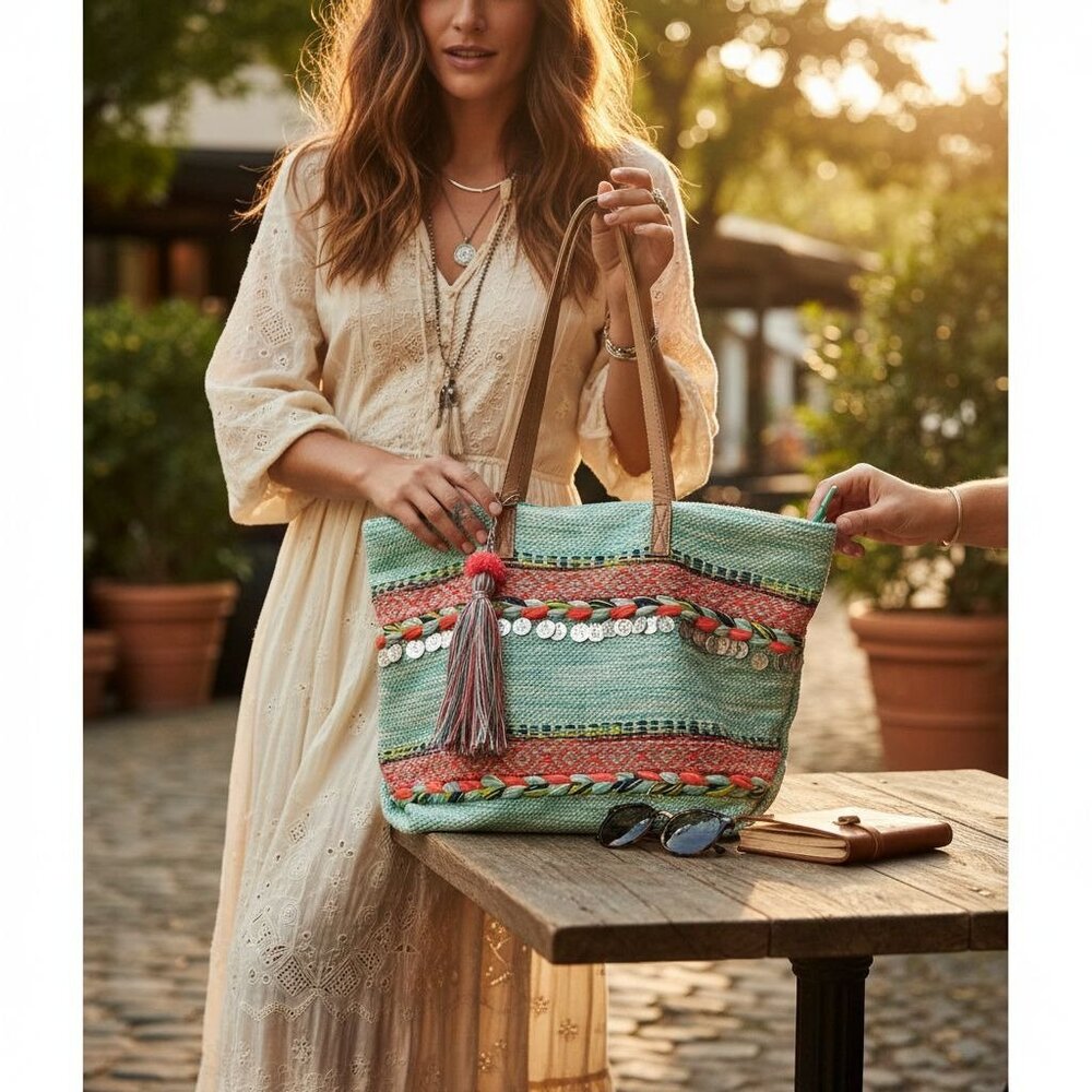 Twig & Arrow Woven Artisan Boho Beach Tote With Decorative Coins & Tassel